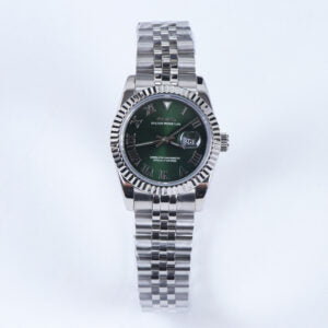 ORA Steel Classic Date ladies Seiko Mod watch, green dial, fluted bezel, Roman numerals, five-link bracelet, 31mm/36mm – worn on the wrist