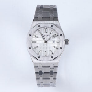 ORA Steel Royal Oak-style Seiko Mod watch, white dial, smooth polished bezel, octagonal case, 34mm – worn on the wrist