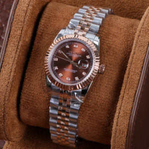ORA Two-Tone Rose Gold Datejust ladies Seiko Mod watch, chocolate brown dial, diamond bezel, 31mm/36mm – side profile