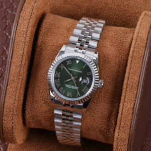 ORA Steel Classic Date ladies Seiko Mod watch, green dial, fluted bezel, Roman numerals, five-link bracelet, 31mm/36mm – side profile