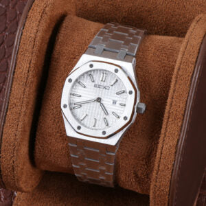 ORA Steel Royal Oak-style Seiko Mod watch, white dial, smooth polished bezel, octagonal case, 34mm – side profile