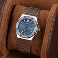 ORA Steel Royal Oak-style Seiko Mod watch, blue dial, diamond bezel, date window, octagonal case, 34mm – front view