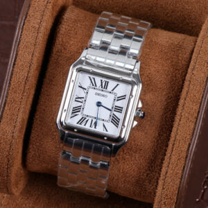 ORA Steel Panther-style ladies Seiko Mod watch, white dial, Roman numerals, interlocking bracelet, 34mm/38mm – dial detail close-up