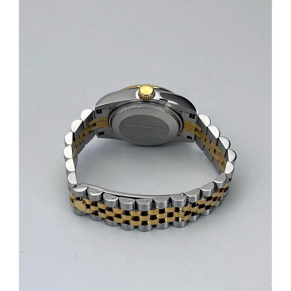 ORA Two-Tone Classic Date ladies Seiko Mod watch, brushed steel case back and two-tone yellow gold and steel five-link bracelet with concealed clasp – rear view
