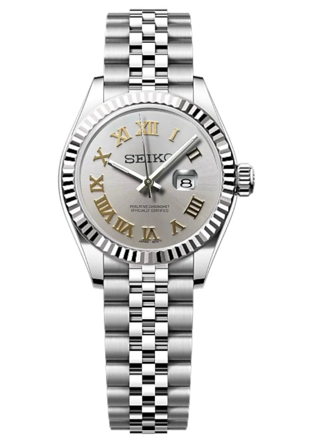 ORA Steel Classic Date ladies Seiko Mod watch, silver dial, fluted bezel, Roman numerals, 31mm/36mm – dial detail close-up