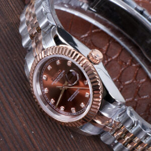 ORA Two-Tone Rose Gold Datejust ladies Seiko Mod watch, chocolate brown dial, diamond bezel, 31mm/36mm – worn on the wrist