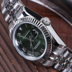 ORA Steel Classic Date ladies Seiko Mod watch, green dial, fluted bezel, Roman numerals, five-link bracelet, 31mm/36mm – front view