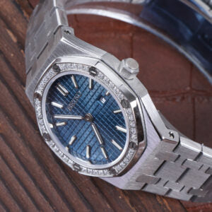 ORA Steel Royal Oak-style Seiko Mod watch, blue dial, diamond bezel, date window, octagonal case, 34mm – side profile
