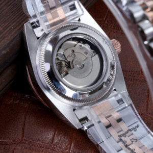 ORA Two-Tone Rose Gold Datejust ladies Seiko Mod watch, chocolate brown dial, diamond bezel, 31mm/36mm – dial detail close-up