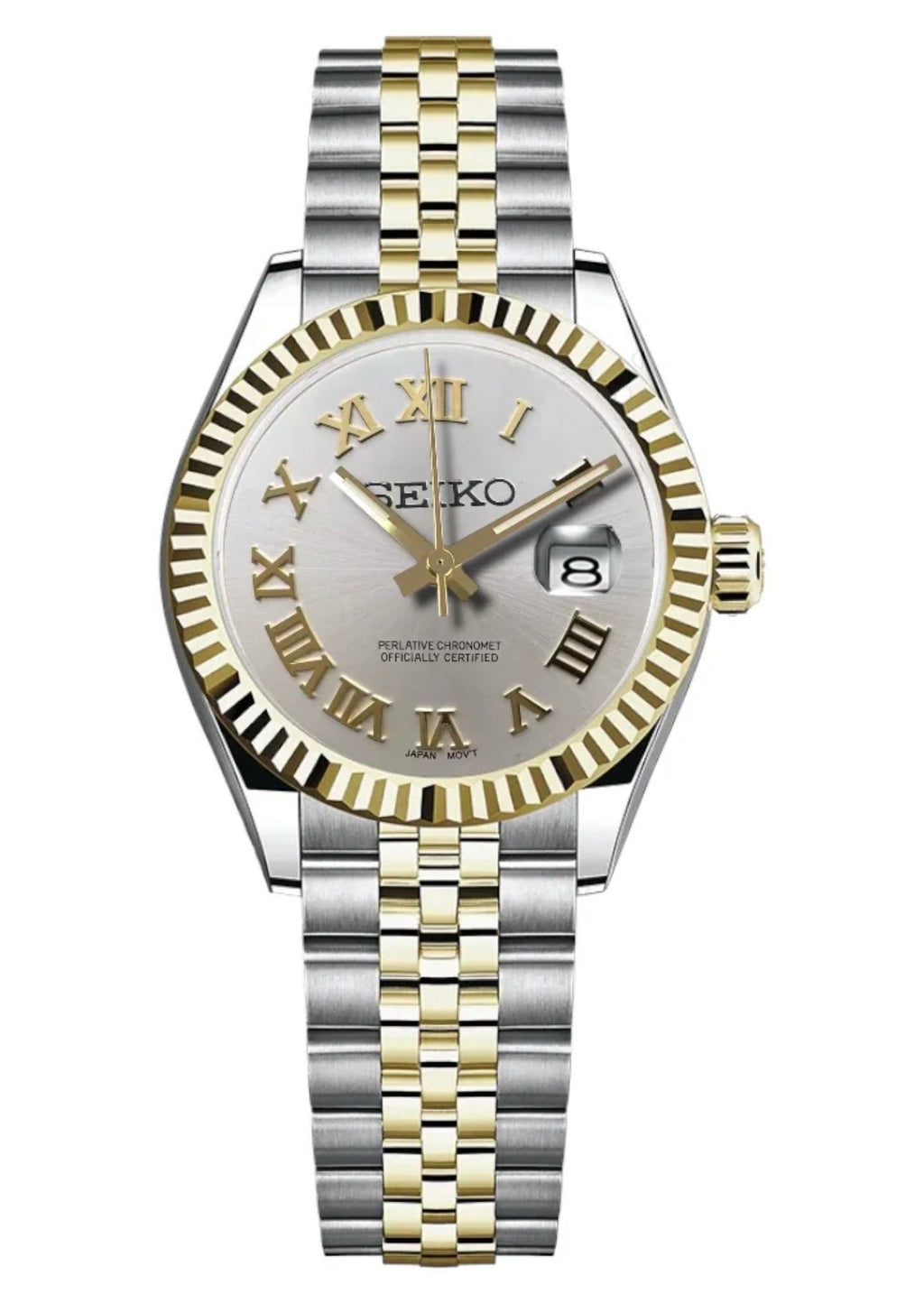ORA Two-Tone Classic Date ladies Seiko Mod watch, white dial with Roman numerals, 31mm/36mm – dial detail close-up