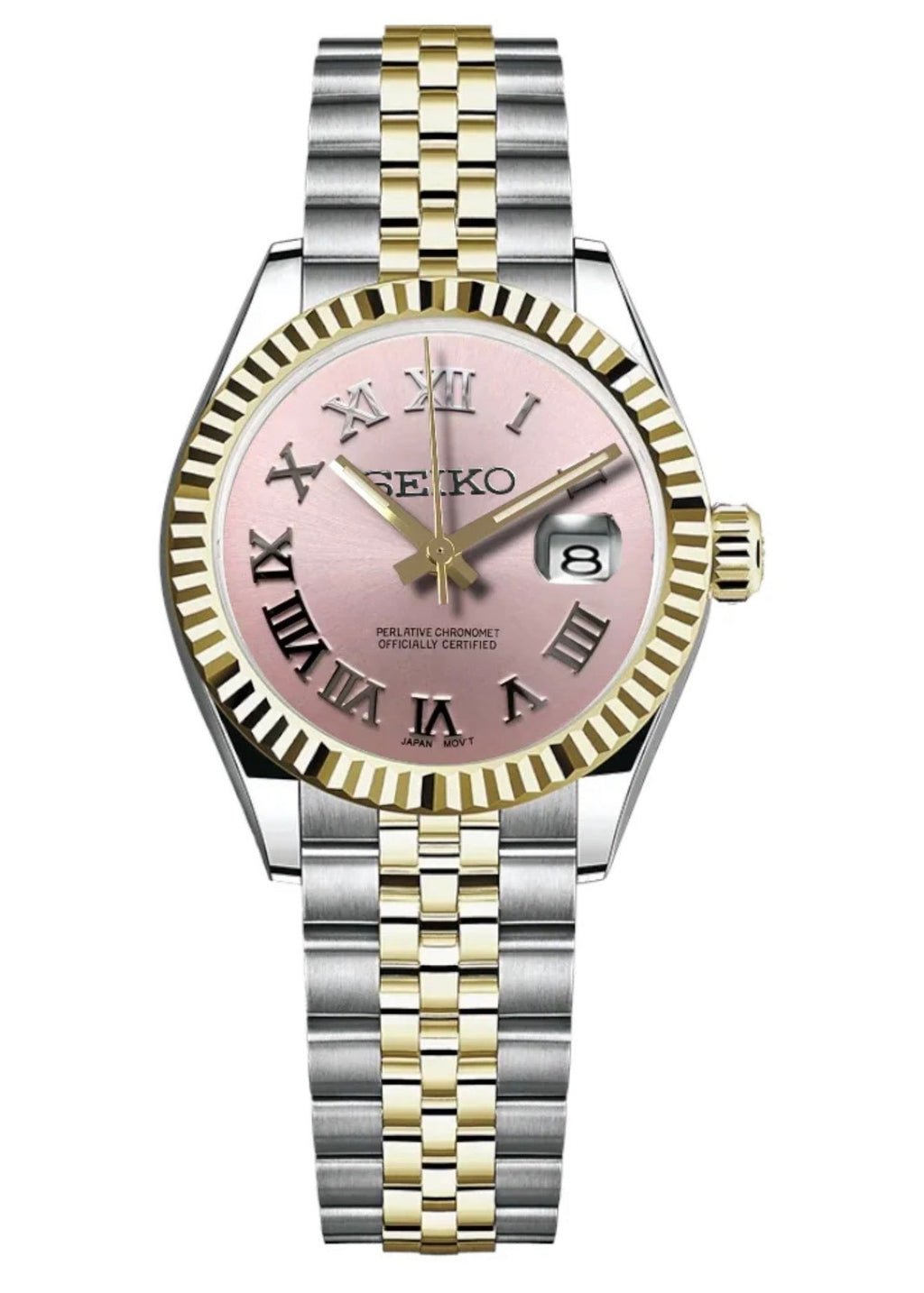 ORA Two-Tone Classic Date ladies Seiko Mod watch, pink dial with Roman numerals, 31mm/36mm – dial detail close-up