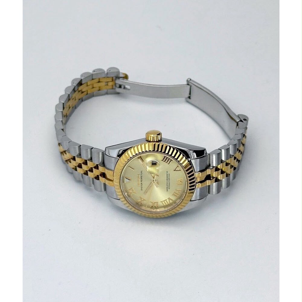 ORA Two-Tone Classic Date ladies Seiko Mod watch with gold champagne dial and Roman numerals, yellow gold fluted bezel, 31mm/36mm