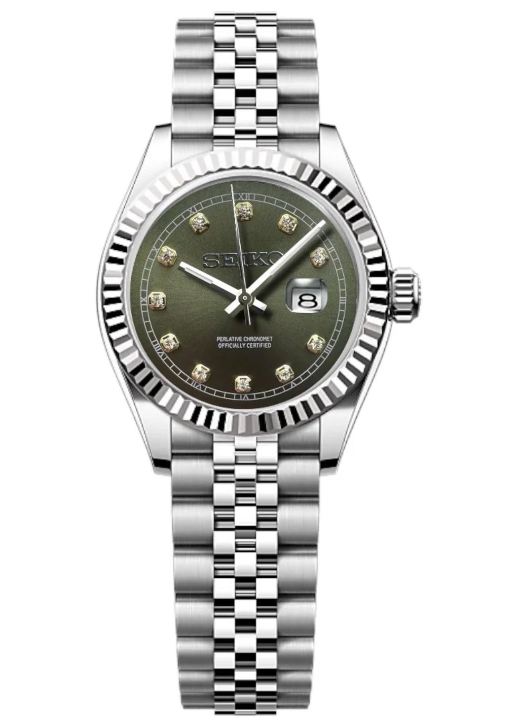 ORA Steel Classic Date ladies Seiko Mod watch, green dial, diamond hour markers, fluted bezel, 31mm/36mm – dial detail close-up
