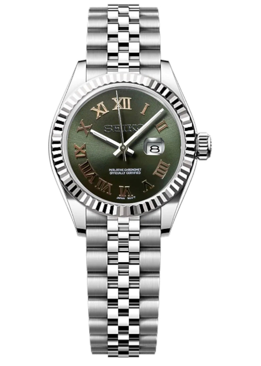 ORA Steel Classic Date ladies Seiko Mod watch, green dial, fluted bezel, Roman numerals, 31mm/36mm – dial detail close-up