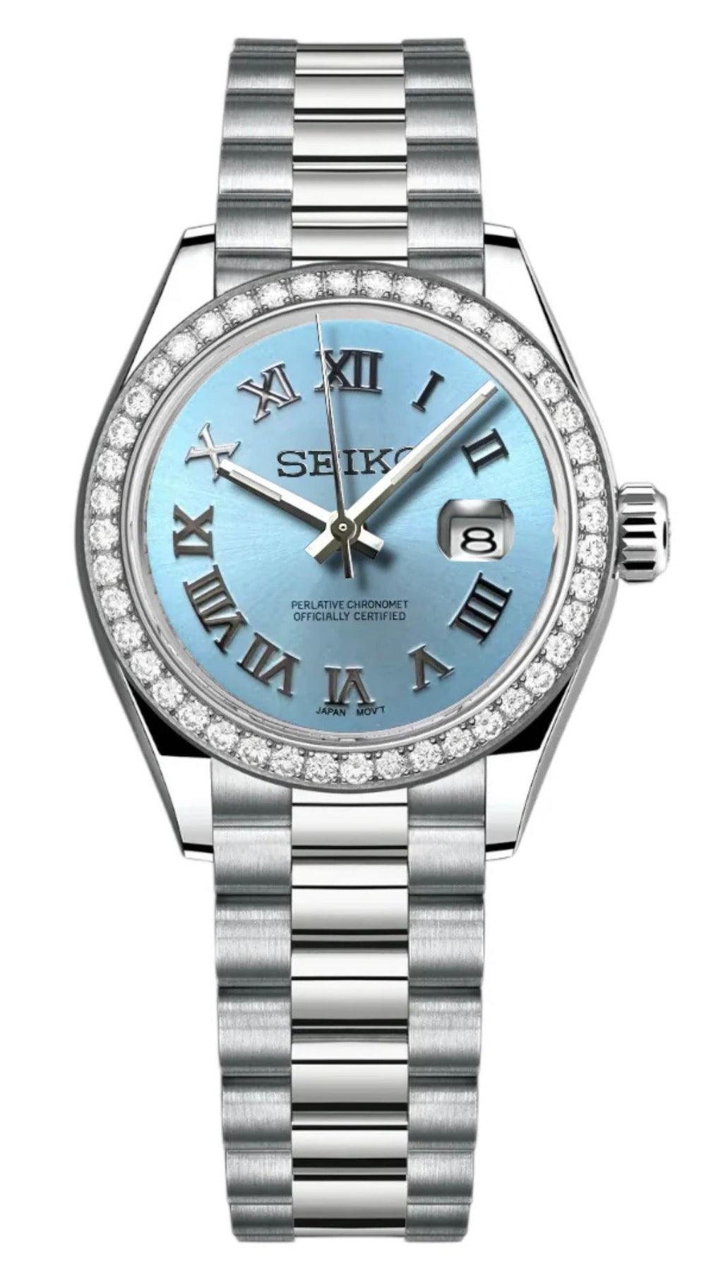 ORA Steel Classic Date ladies Seiko Mod watch, light blue dial, diamond bezel, Roman numerals, 31mm/36mm – dial detail close-up