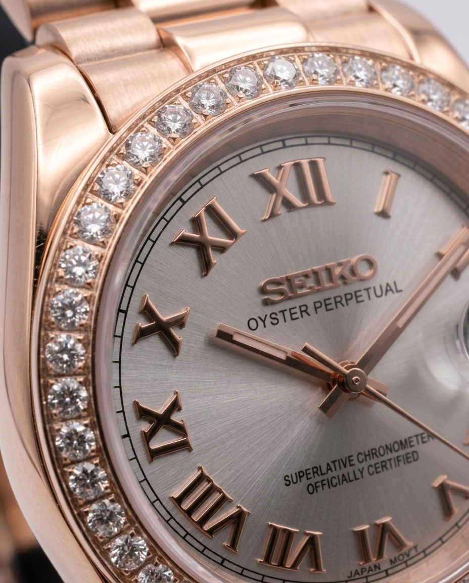 ORA Rose Gold Classic Date ladies Seiko Mod watch, white dial, diamond bezel, 31mm/36mm