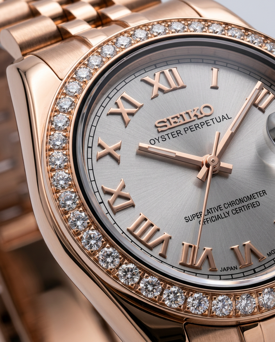 ORA Rose Gold Classic Date ladies Seiko Mod watch, white dial, diamond bezel, 31mm/36mm