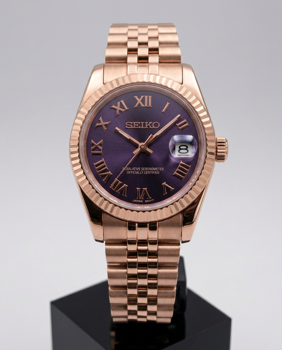 ORA Rose Gold Classic Date ladies Seiko Mod watch, purple dial, 31mm/36mm