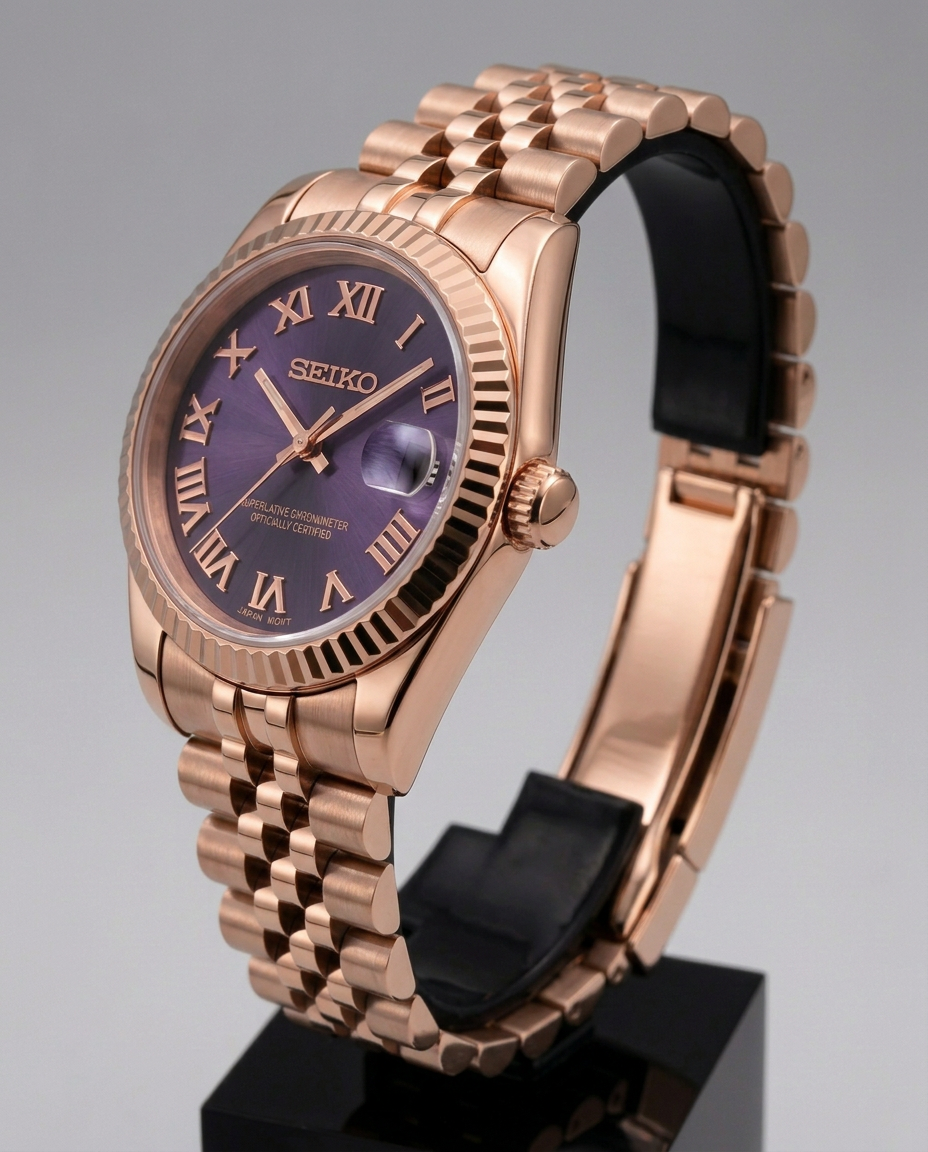 ORA Rose Gold Classic Date ladies Seiko Mod watch, purple dial, 31mm/36mm