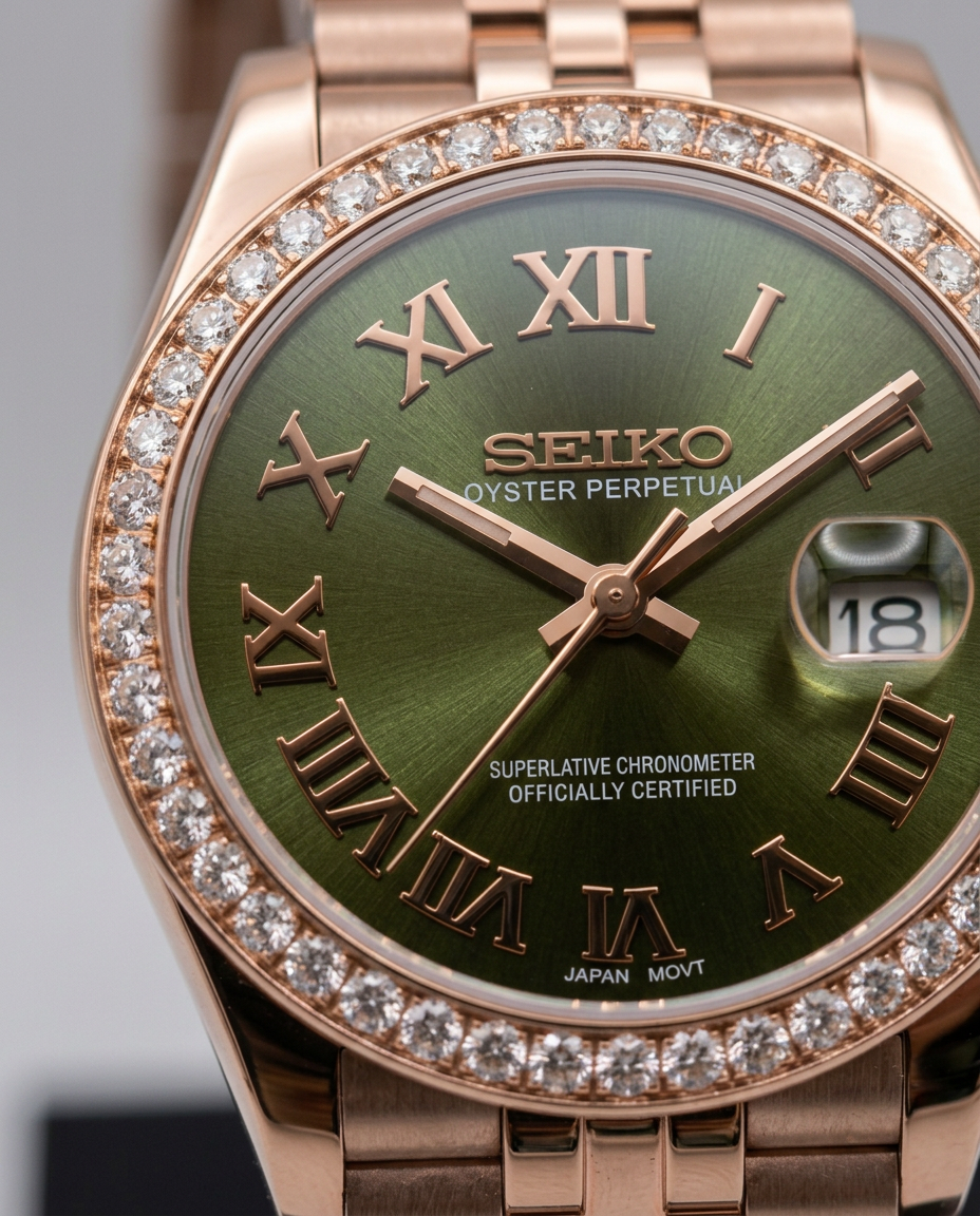 ORA Rose Gold Classic Date ladies Seiko Mod watch, olive green dial, diamond bezel, 31mm/36mm