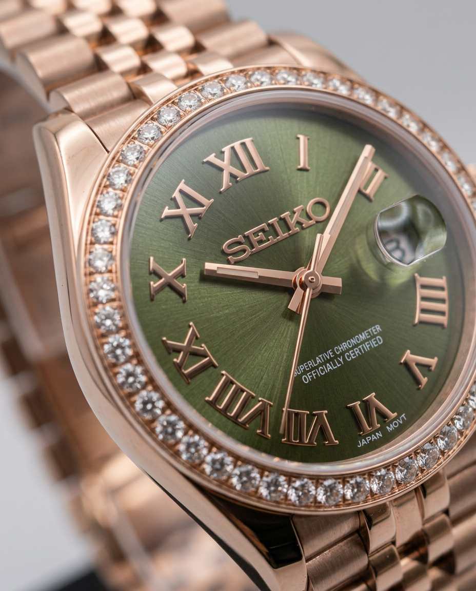 ORA Rose Gold Classic Date ladies Seiko Mod watch, olive green dial, diamond bezel, 31mm/36mm