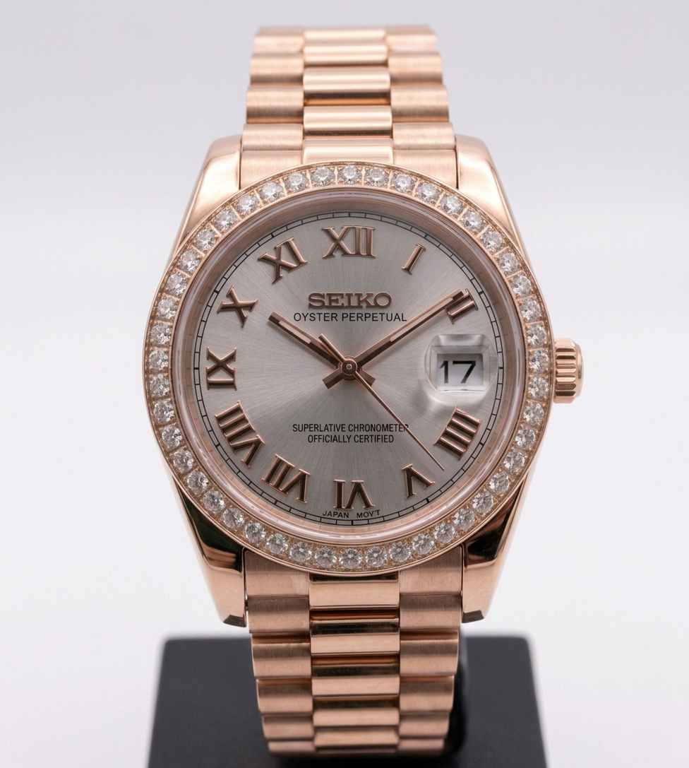 ORA Rose Gold Classic Date ladies Seiko Mod watch, white dial, diamond bezel, 31mm/36mm