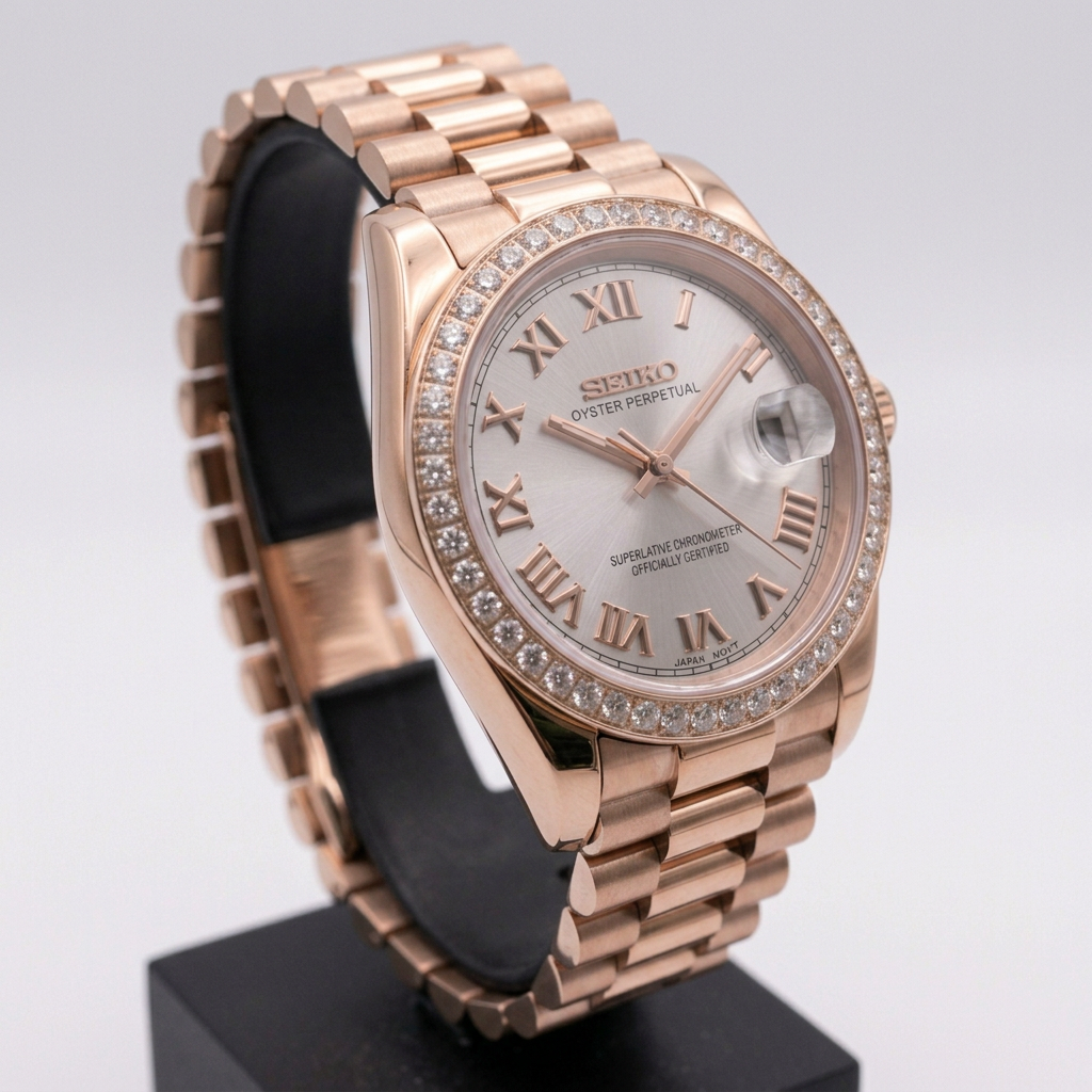 ORA Rose Gold Classic Date ladies Seiko Mod watch, white dial, diamond bezel, 31mm/36mm