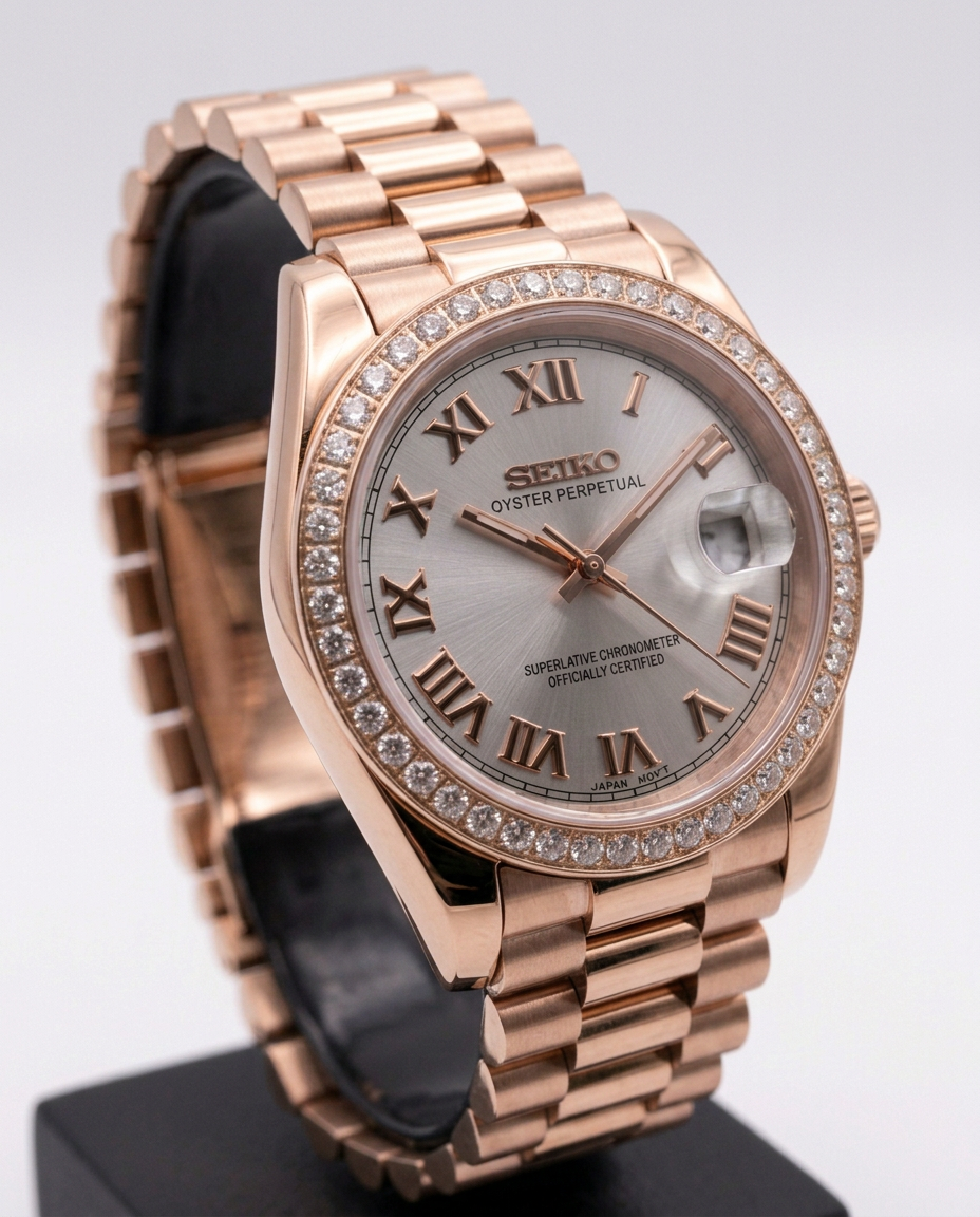 ORA Rose Gold Classic Date ladies Seiko Mod watch, white dial, diamond bezel, 31mm/36mm
