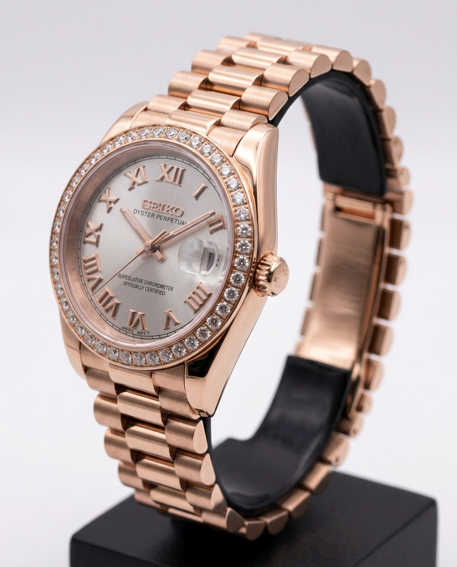 ORA Rose Gold Classic Date ladies Seiko Mod watch, white dial, diamond bezel, 31mm/36mm