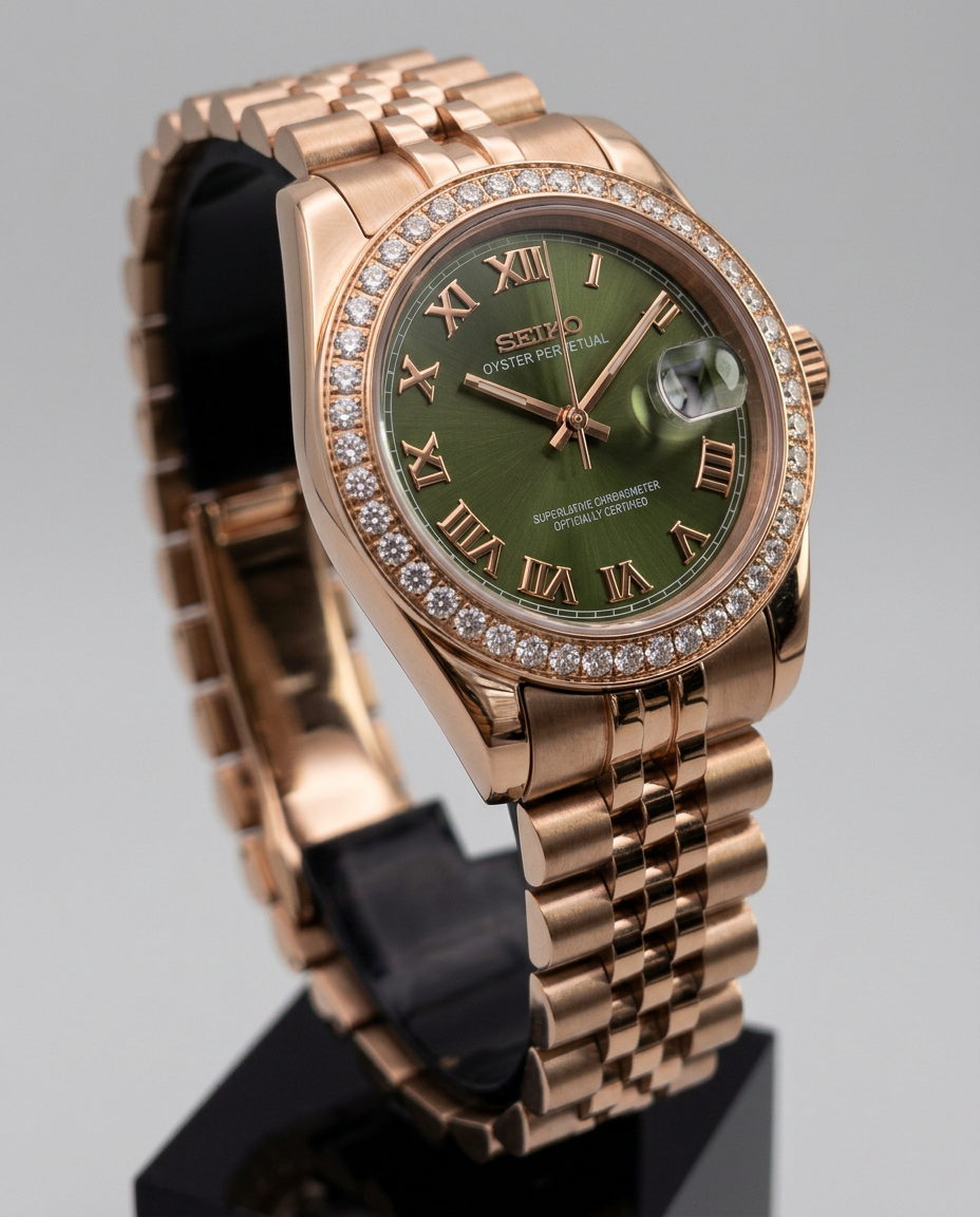 ORA Rose Gold Classic Date ladies Seiko Mod watch, olive green dial, diamond bezel, 31mm/36mm