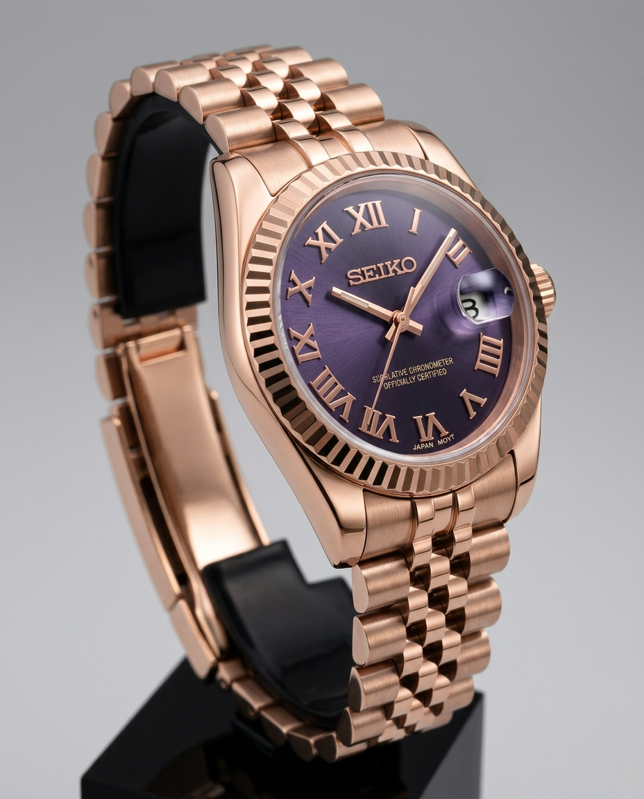 ORA Rose Gold Classic Date ladies Seiko Mod watch, purple dial, 31mm/36mm