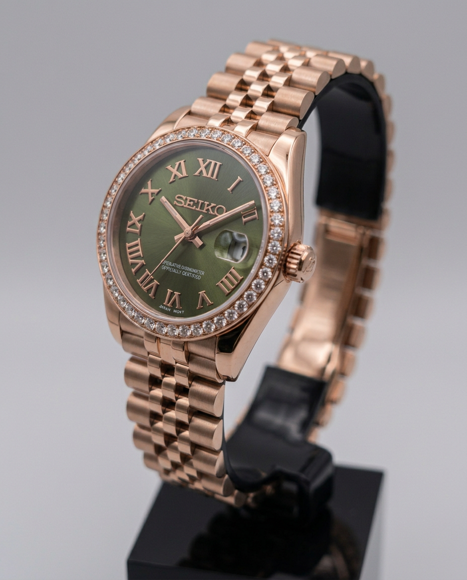 ORA Rose Gold Classic Date ladies Seiko Mod watch, olive green dial, diamond bezel, 31mm/36mm