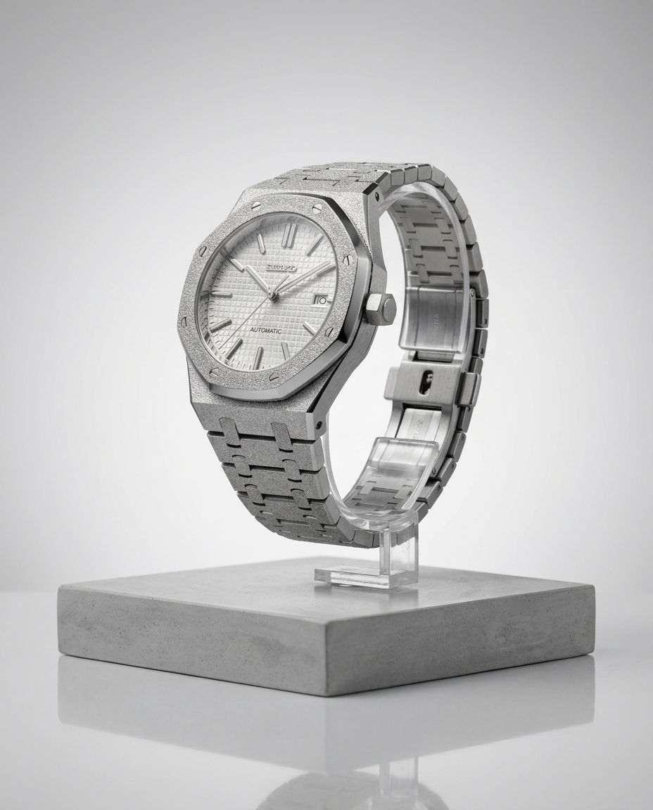 ORA Frosted Steel Royal Oak-style ladies Seiko Mod watch, octagonal case, 31mm – front view