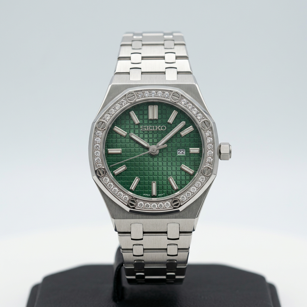 ORA Steel octagon-style ladies Seiko Mod watch, green dial, diamond bezel, octagonal case, 34mm