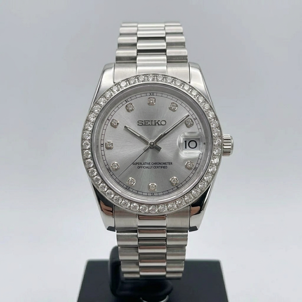 ORA Steel Classic Date ladies Seiko Mod watch, silver white dial, diamond bezel, diamond hour markers, 31mm/36mm