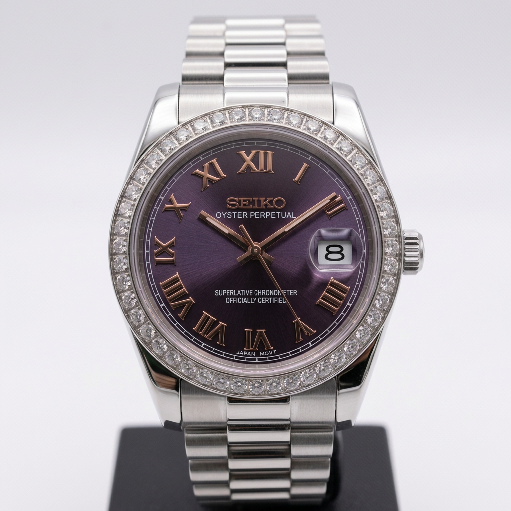 ORA Steel Classic Date ladies Seiko Mod watch, purple dial, diamond bezel, Roman numerals, 31mm/36mm