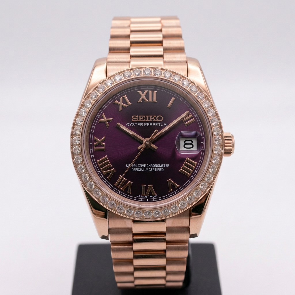 ORA Rose Gold Classic Date ladies Seiko Mod watch, purple dial, diamond bezel, Roman numerals, 31mm/36mm