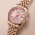 ORA Rose Gold Datejust ladies Seiko Mod watch, pink mother of pearl dial, diamond hour markers, 26mm – front view
