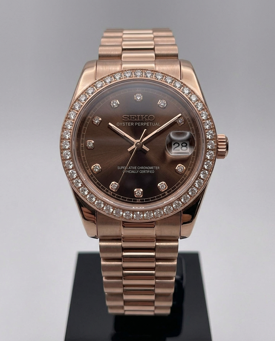 ORA Rose Gold Classic Date ladies Seiko Mod watch, brown dial, diamond bezel, diamond hour markers, 31mm/36mm