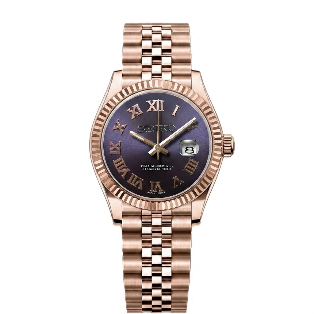 ORA Rose Gold Datejust ladies Seiko Mod watch, purple dial, fluted bezel, Roman numerals, 31mm/36mm – side profile