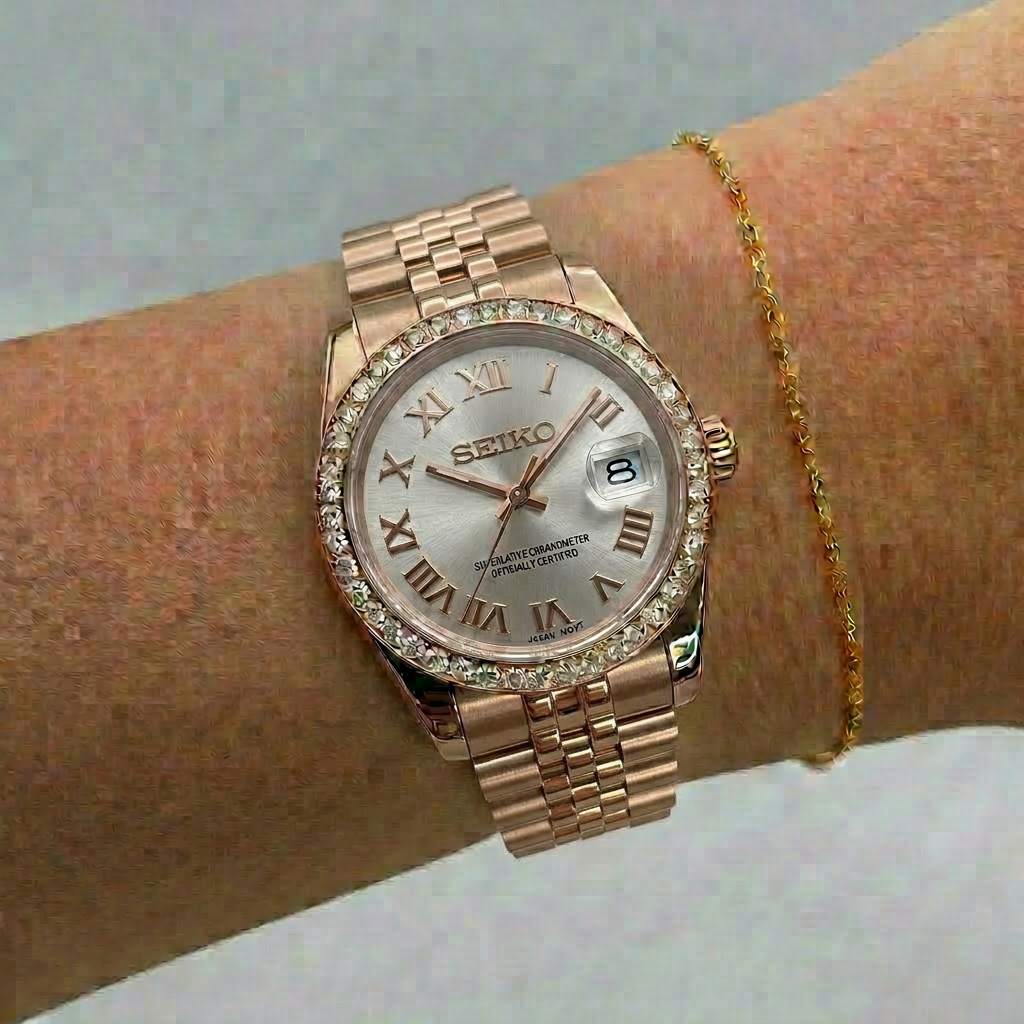 SEIKOJUST-  ROSEGOLD DIAMOND BEZEL ROMAN WHITE
