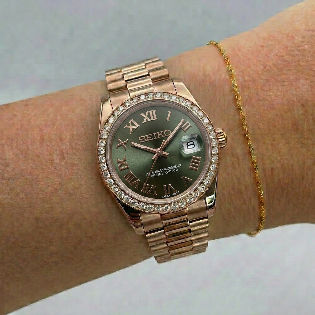 Rose Gold Datejust (31mm) Ladies Seiko MOD - GREEN DB