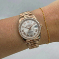 ORA Rose Gold Datejust ladies Seiko Mod watch, white silver sunburst dial, diamond bezel, Roman numerals, 31mm/36mm – front view