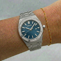 ORA Steel Royal Oak-style ladies Seiko Mod watch, blue dial, diamond bezel, octagonal case, 34mm – front view