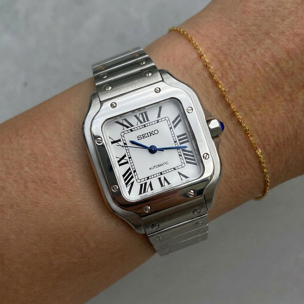 ORA Steel Santos-style ladies Seiko Mod watch, square case, 33mm/38mm – front view