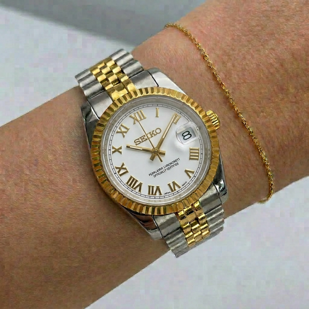 ORA Two-Tone Classic Date ladies Seiko Mod watch, white dial with Roman numerals, 31mm/36mm – front view