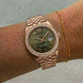 ORA Rose Gold Datejust ladies Seiko Mod watch, olive green dial, diamond bezel, Roman numerals, 31mm/36mm – front view