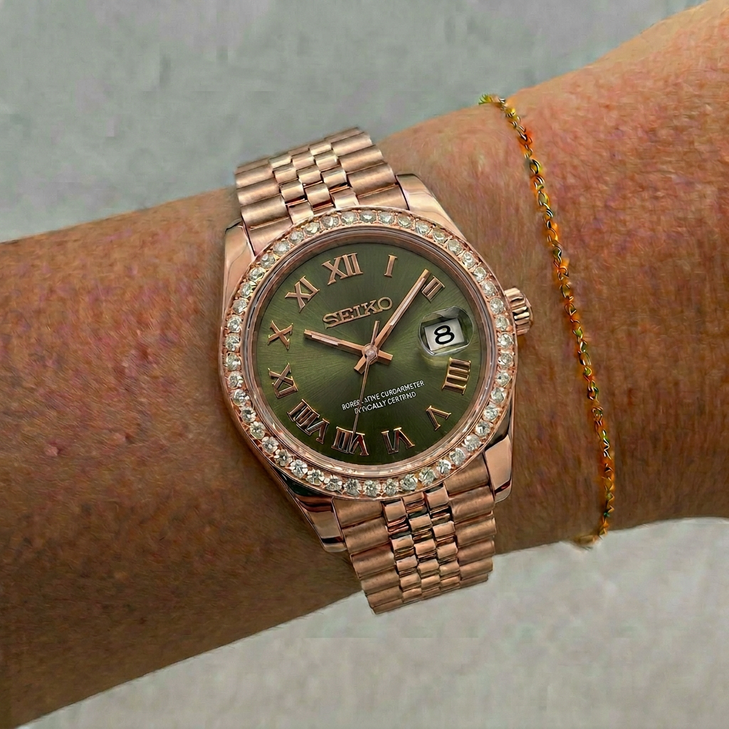 SEIKOJUST-  ROSEGOLD DIAMOND BEZEL ROMAN GREEN