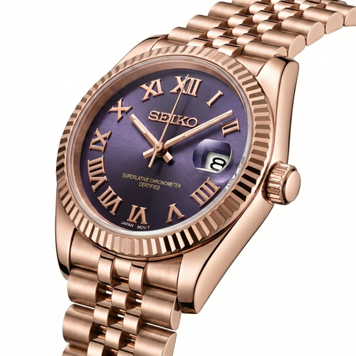 ORA Rose Gold Datejust ladies Seiko Mod watch, purple dial, fluted bezel, Roman numerals, 31mm/36mm – dial detail close-up