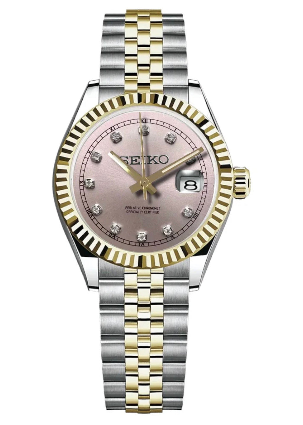 ORA Two-Tone Classic Date ladies Seiko Mod watch, Pink dial, 31mm/36mm – dial detail close-up
